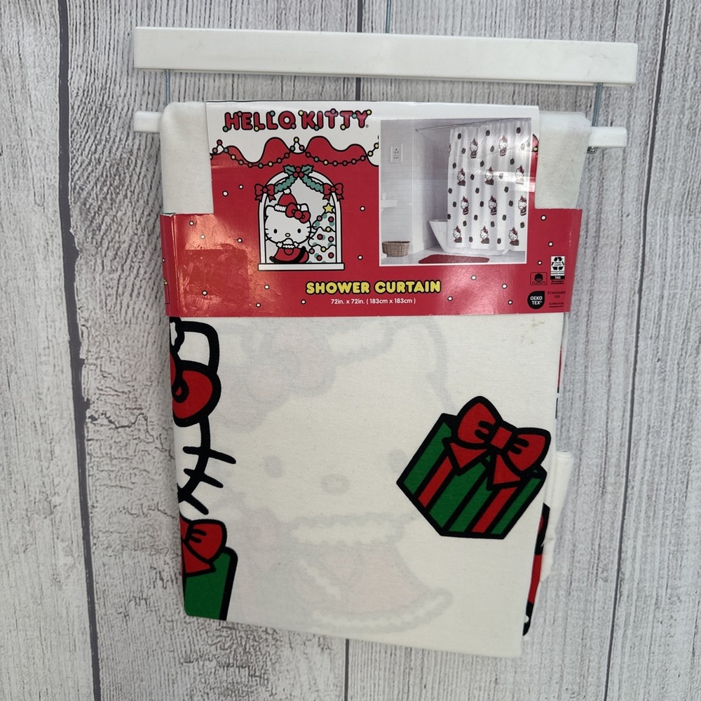 Hello Kitty Christmas Shower Curtain Sanrio Holiday Presents Festive White Red